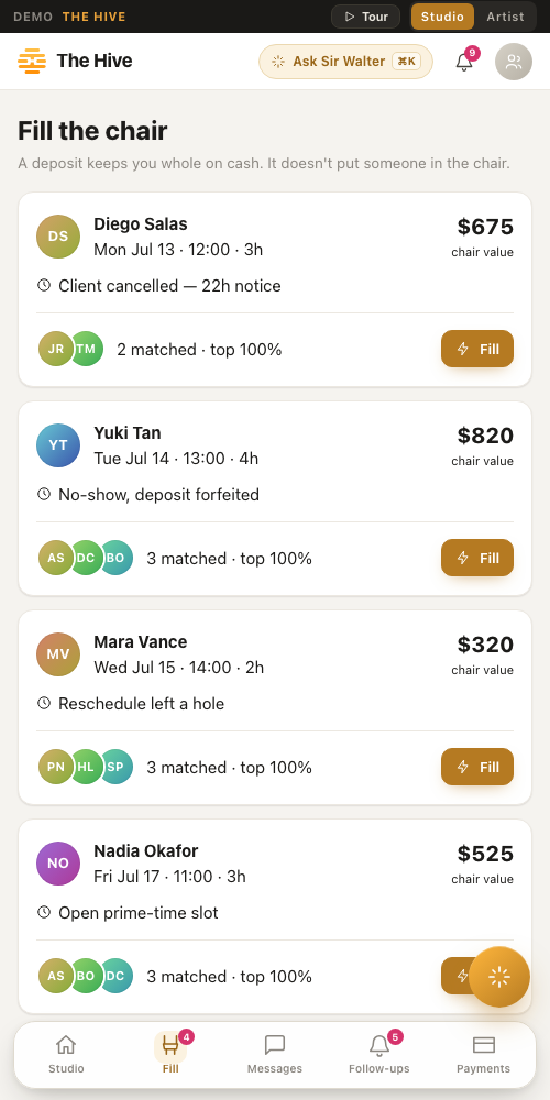 Smart fill offering an open slot to a multi-session client